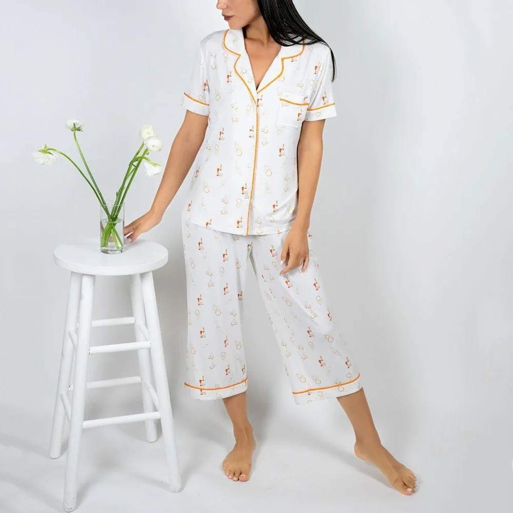 Aspen Dream Jolene cropped Pajama Set White Champagne Print Bamboo Viscose PJs